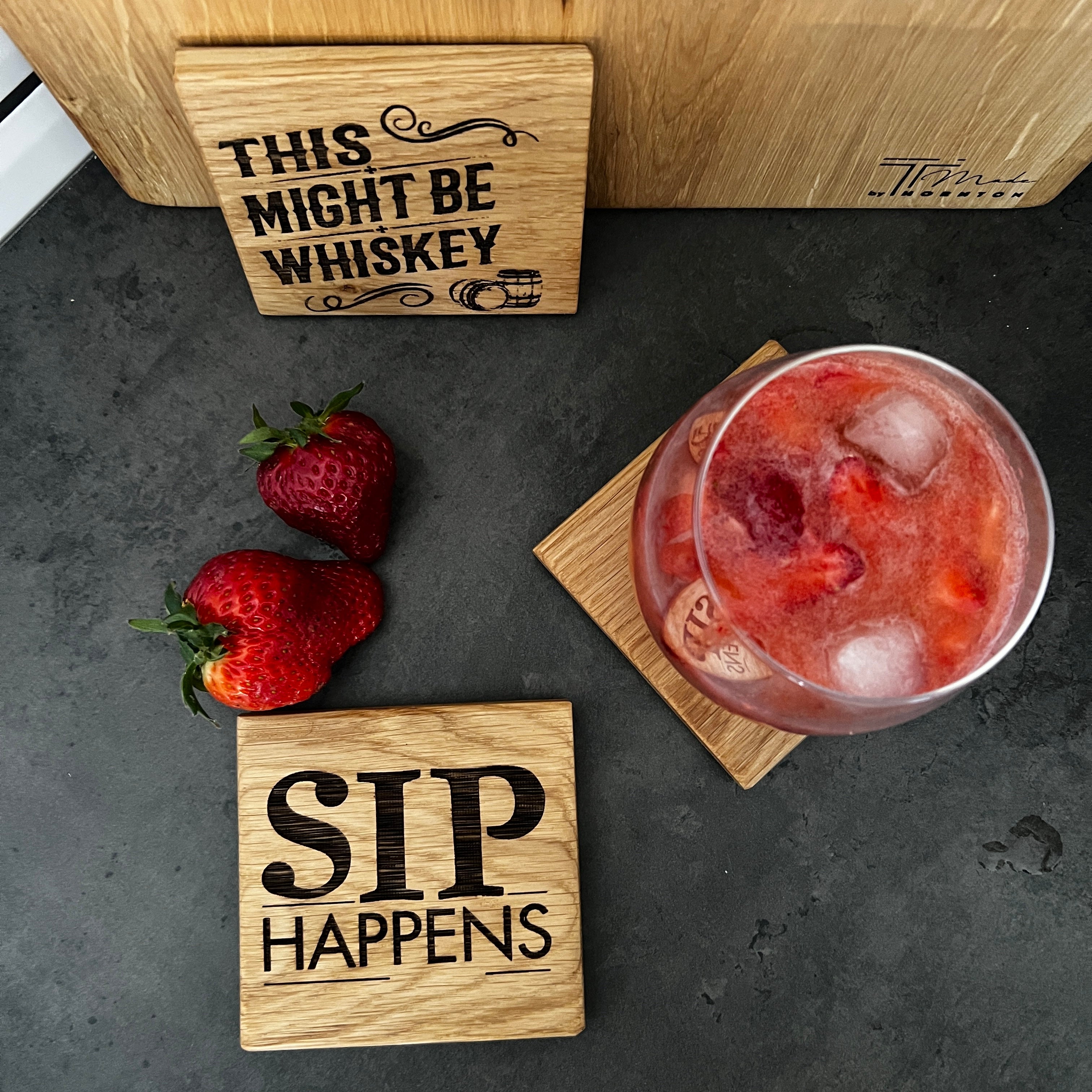 Sip Happens - Rustic Solid Oak Wood Coaster | Sarcastic Drink Coaster image 0