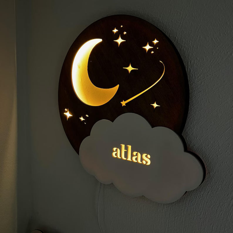 Personalized Moon and Stars LED Nightlight Kids Room Wall Hanging Décor; image 9