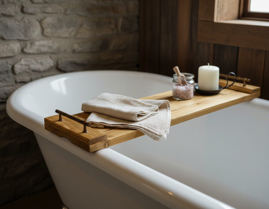 Handcrafted Rustic Oak Stain Wooden Bath Caddy | Bathtub Tray image 5