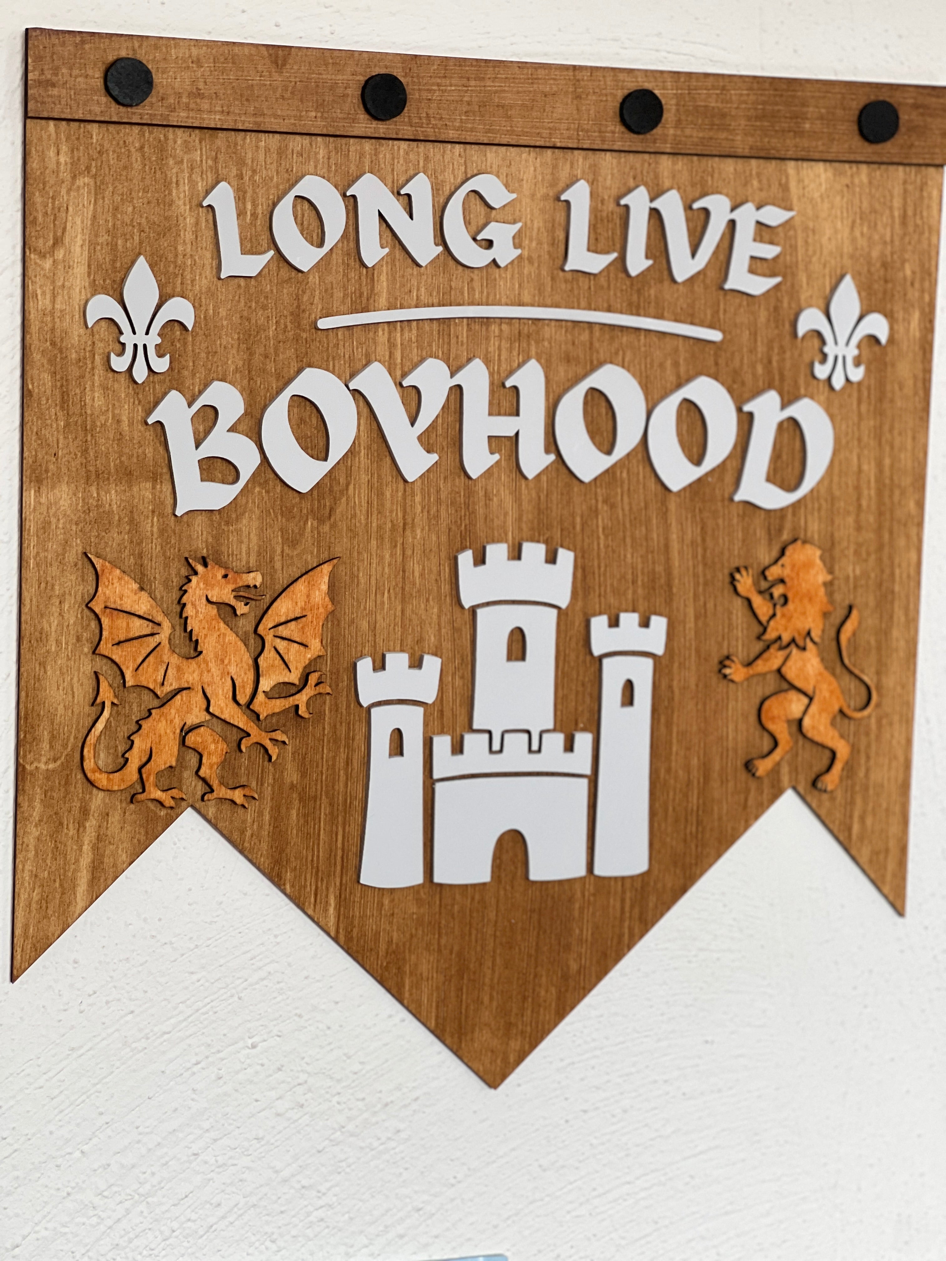 Wooden Nursery Wall Banner – “Long Live Boyhood” Castle Sign – Children’s Room image 2