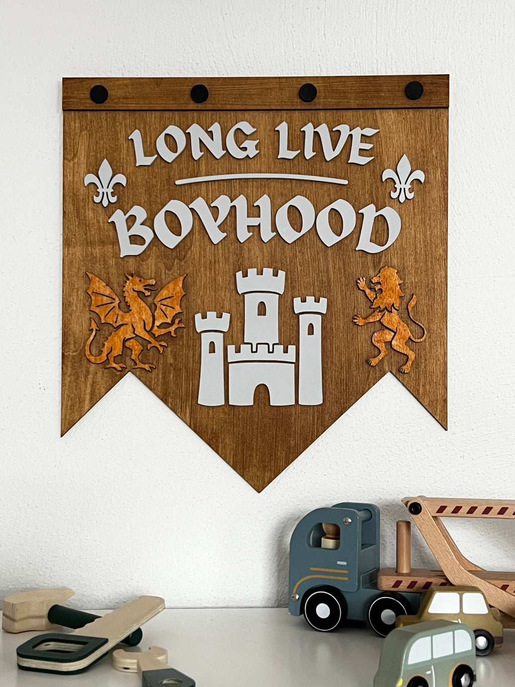 Wooden Nursery Wall Banner – “Long Live Boyhood” Castle Sign – Children’s Room image 5