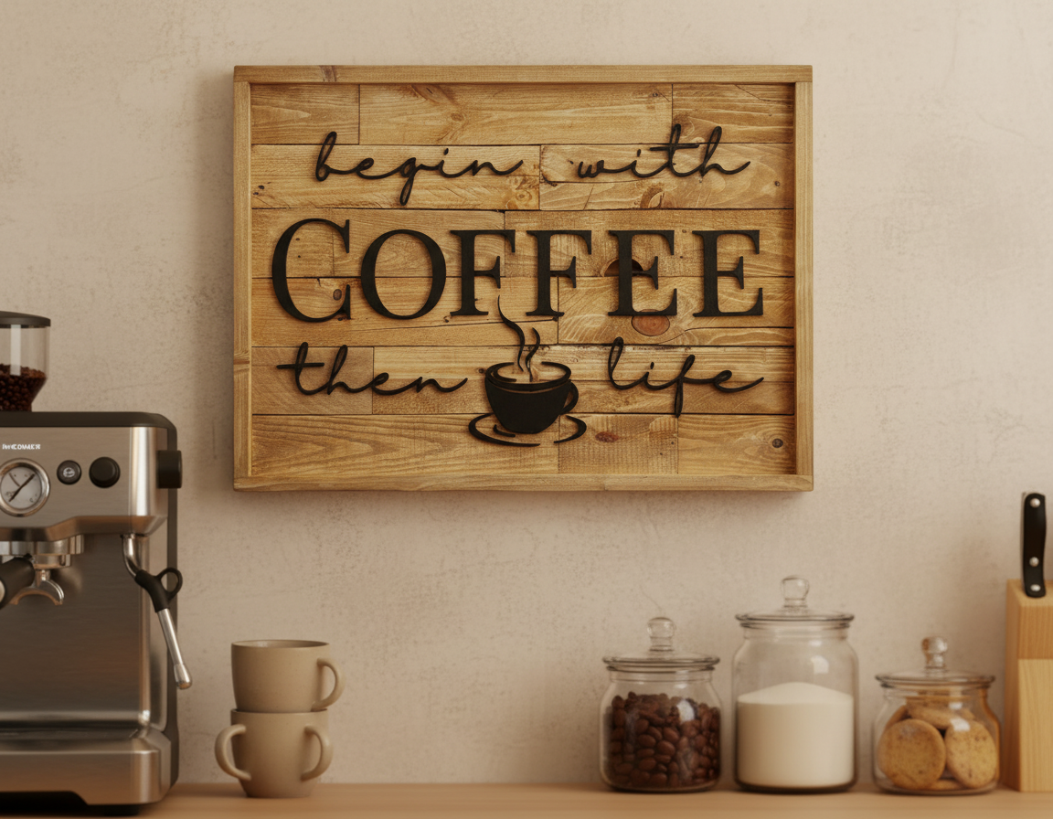 Begin With Coffee Then Life Sign | Rustic Pallet Wood Coffee Bar Wall Art image 5