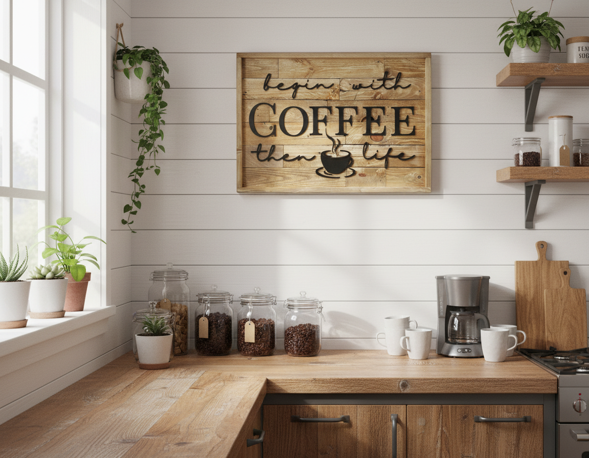 Begin With Coffee Then Life Sign | Rustic Pallet Wood Coffee Bar Wall Art image 7