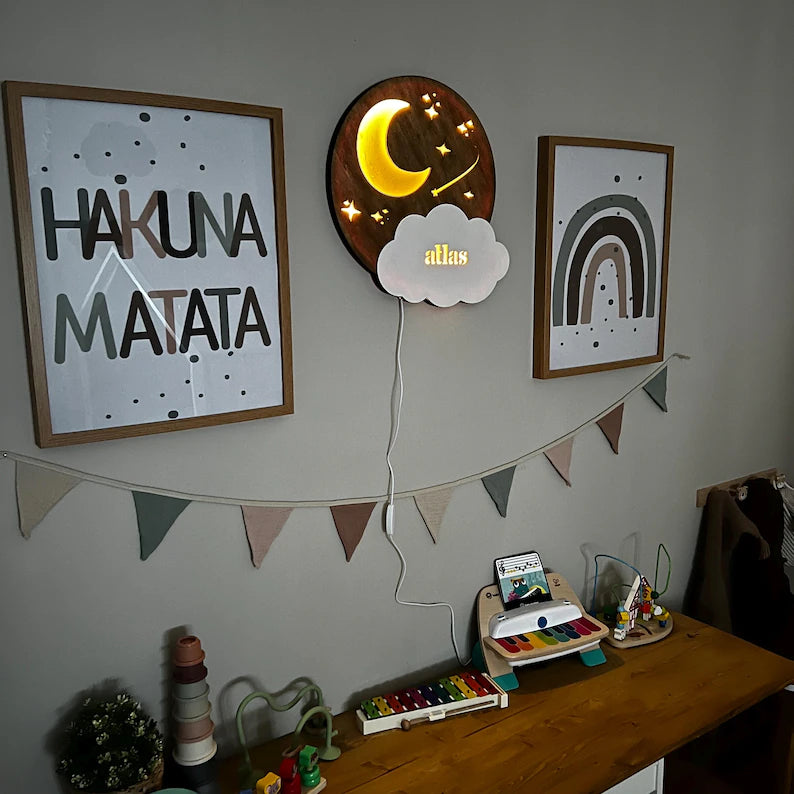 Personalized Moon and Stars LED Nightlight Kids Room Wall Hanging Décor; image 3