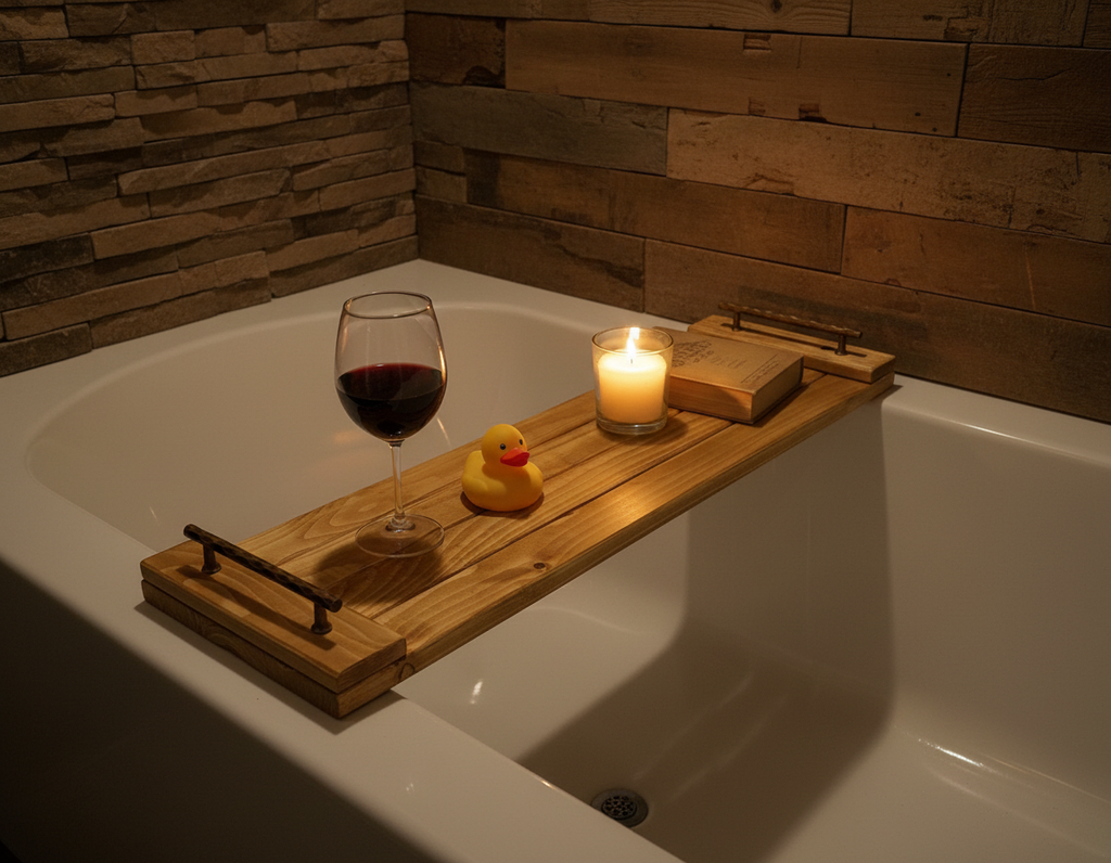Handcrafted Rustic Oak Stain Wooden Bath Caddy | Bathtub Tray image 7