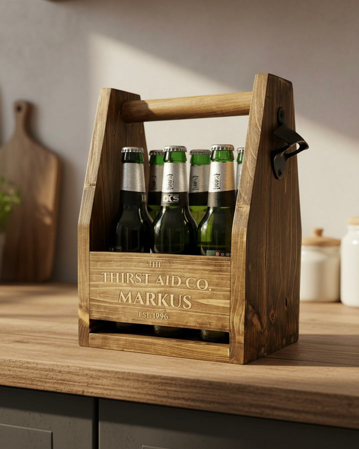Personalised Beer Caddy Wooden Bottle Carrier with Opener – Custom Beer Holder image 0