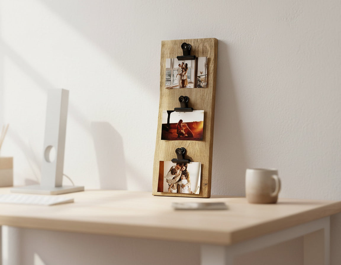 Rustic Oak Photo Display Board – Live Edge Picture Holder with Clips image 11