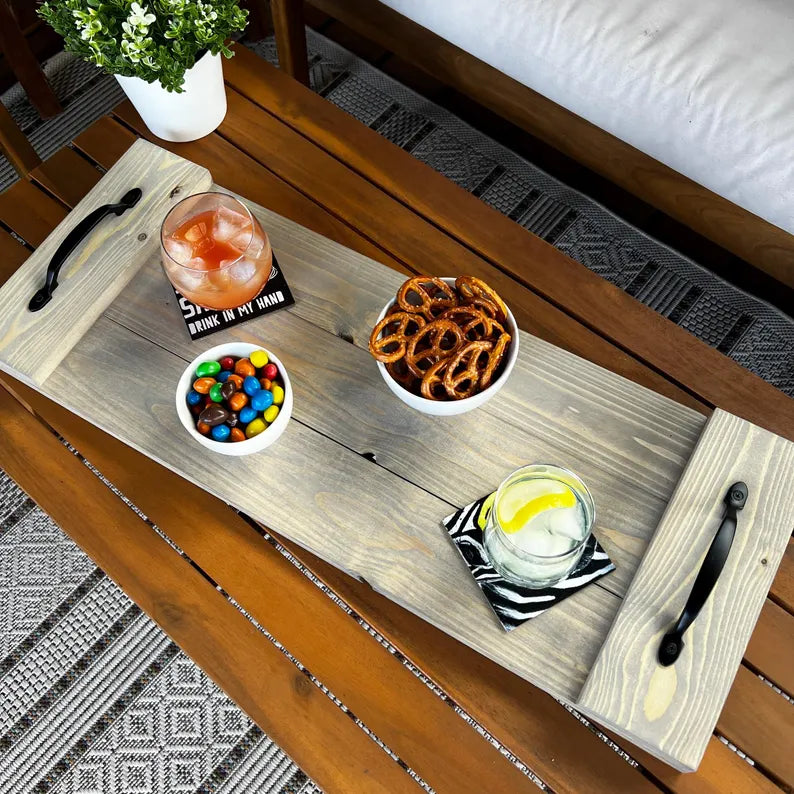 Rustic Wood Plank Serving Tray with Handles; Water Resistant Bathtub Caddy image 5