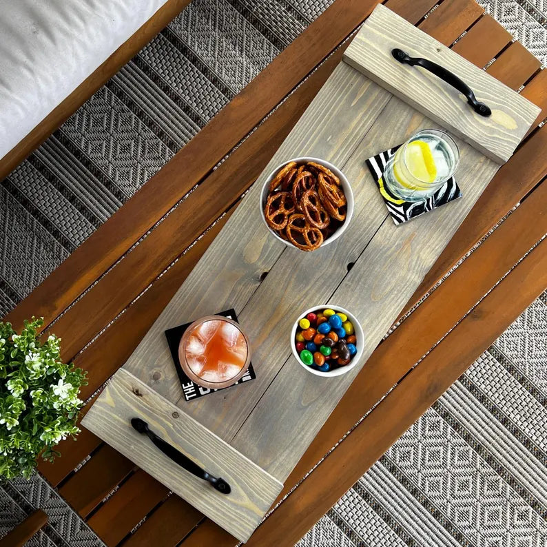 Rustic Wood Plank Serving Tray with Handles; Water Resistant Bathtub Caddy image 3