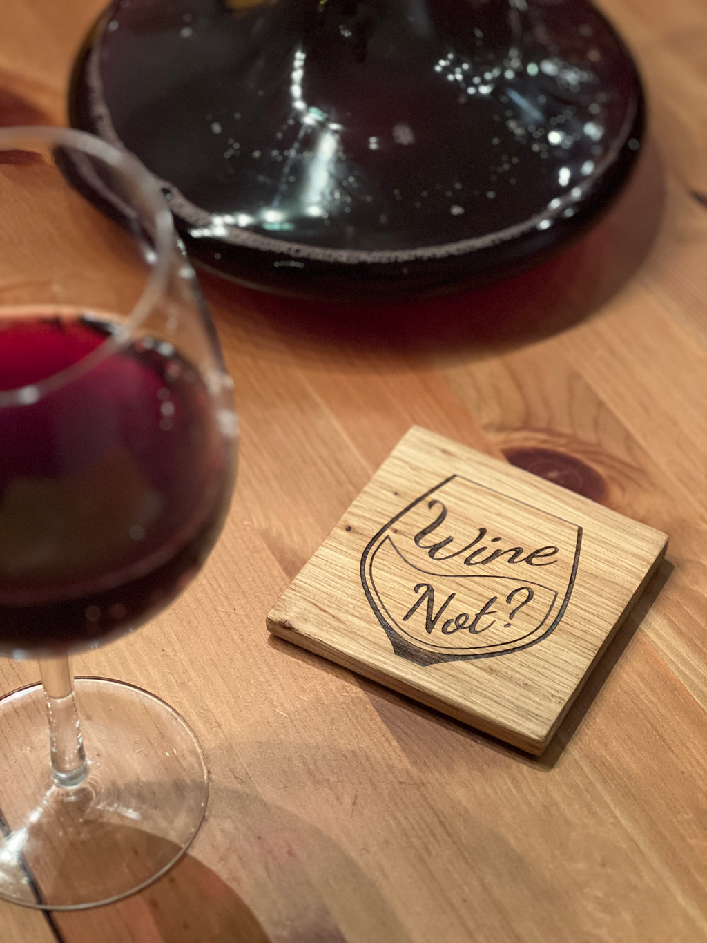 Solid Oak Wine Coaster – “Wine Not?” Engraved Wooden Drinks Coaster | Rustic Tab image 5