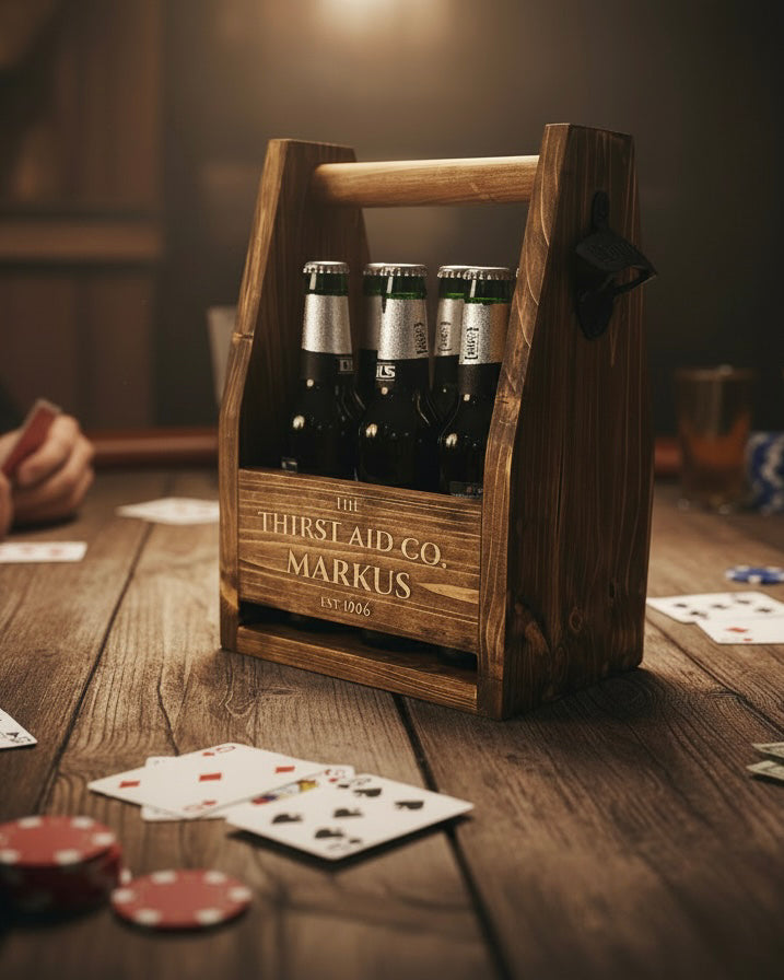 Personalised Beer Caddy Wooden Bottle Carrier with Opener – Custom Beer Holder image 2