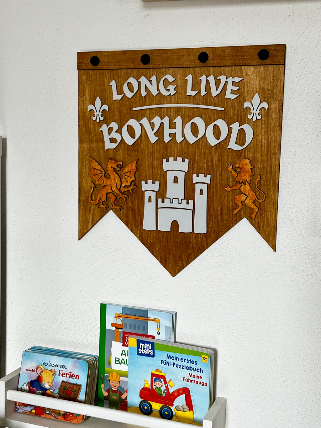 Wooden Nursery Wall Banner – “Long Live Boyhood” Castle Sign – Children’s Room image 7