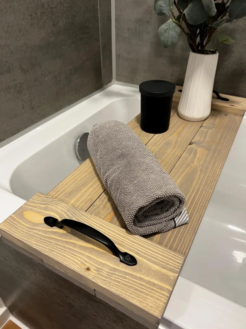 Rustic Wood Plank Serving Tray with Handles; Water Resistant Bathtub Caddy image 8