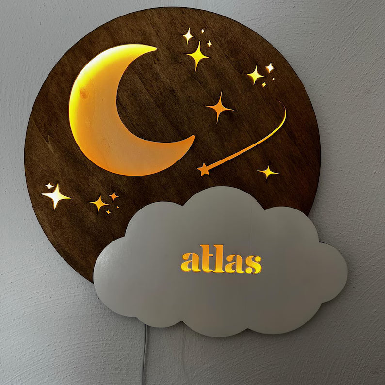 Personalized Moon and Stars LED Nightlight Kids Room Wall Hanging Décor; image 2