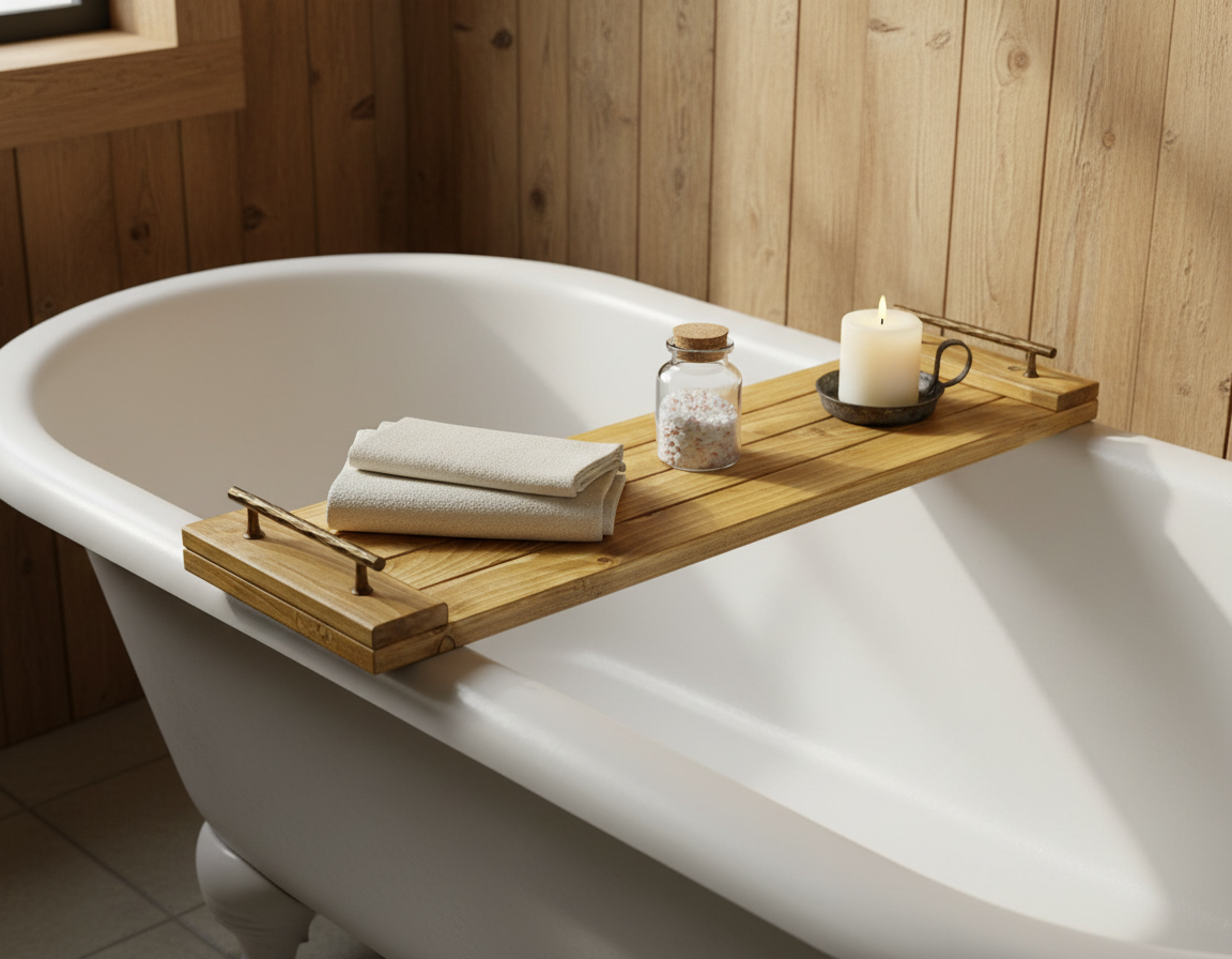 Handcrafted Rustic Oak Stain Wooden Bath Caddy | Bathtub Tray image 4