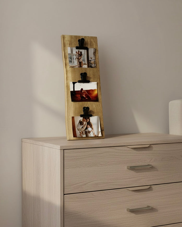 Rustic Oak Photo Display Board – Live Edge Picture Holder with Clips image 7