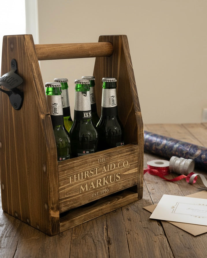 Personalised Beer Caddy Wooden Bottle Carrier with Opener – Custom Beer Holder image 8