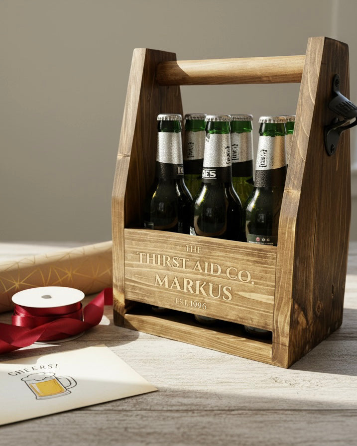 Personalised Beer Caddy Wooden Bottle Carrier with Opener – Custom Beer Holder image 12