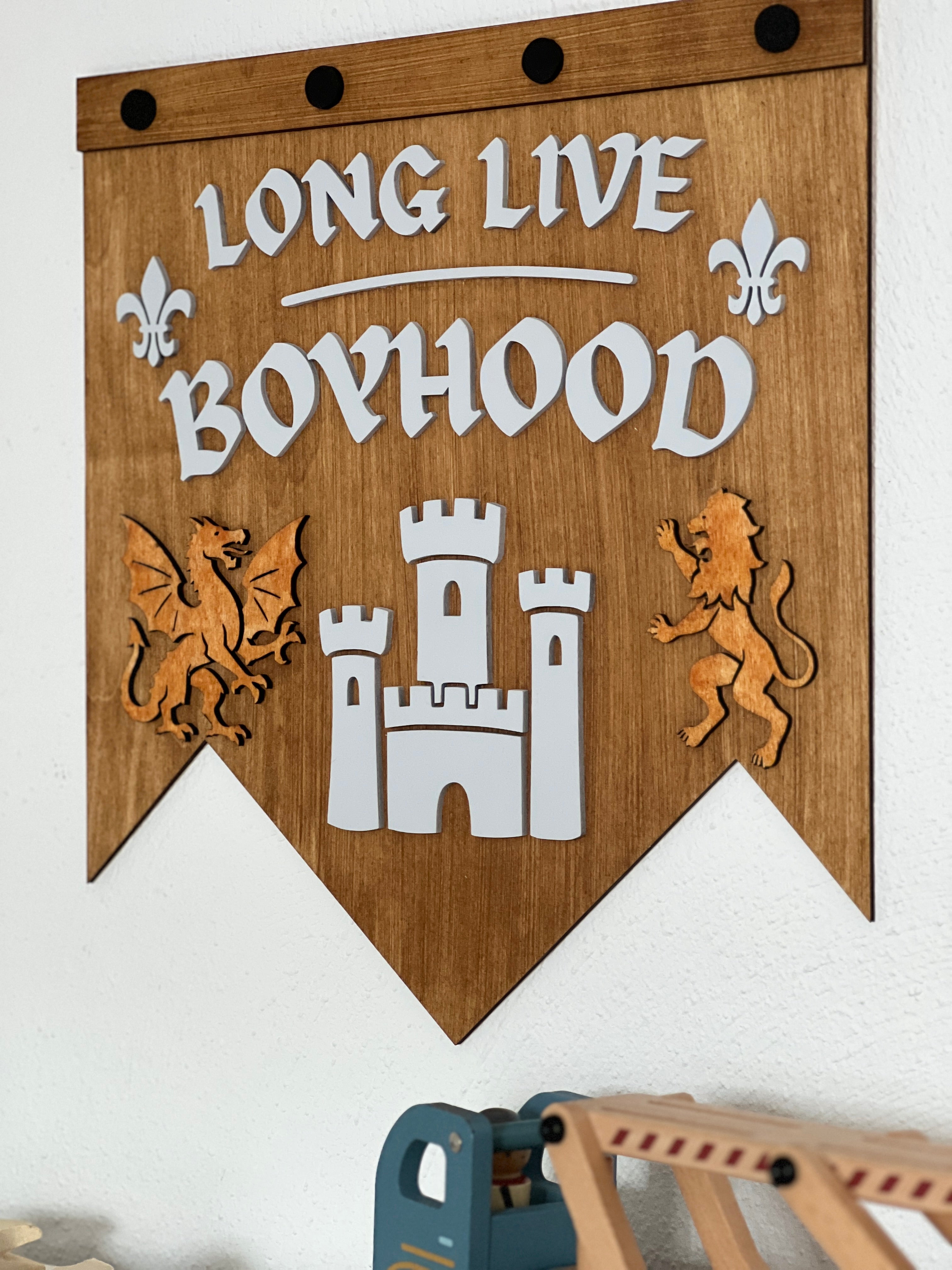 Wooden Nursery Wall Banner – “Long Live Boyhood” Castle Sign – Children’s Room image 1