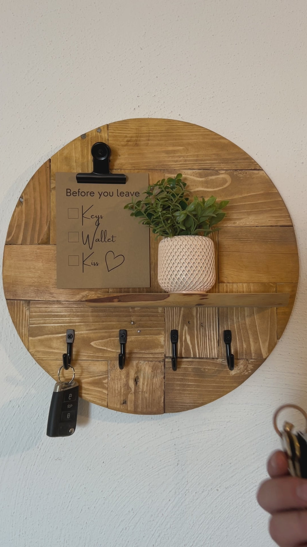 Round Wooden Key Holder with Shelf | Rustic Wall Key Organiser